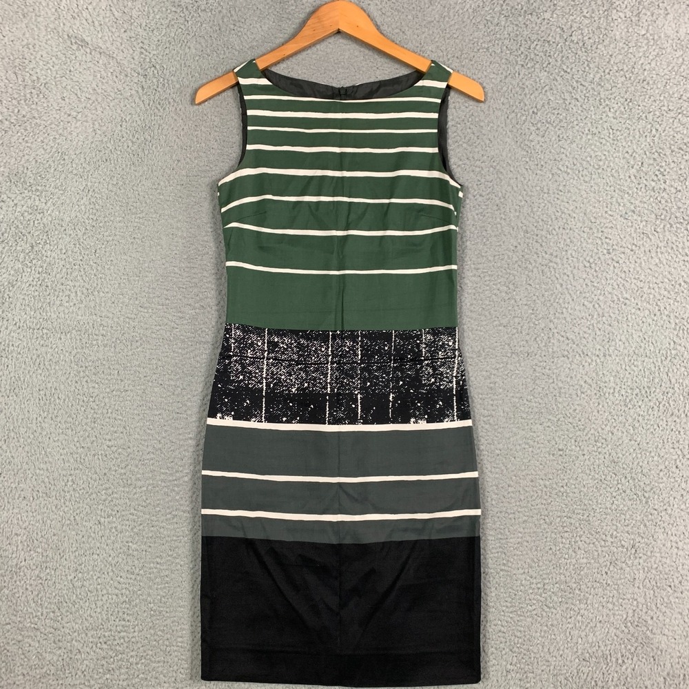 Max Mara Sheath Dress US Sz 6 Green Multi Stripe Sleeveless Boatneck Cotton Silk